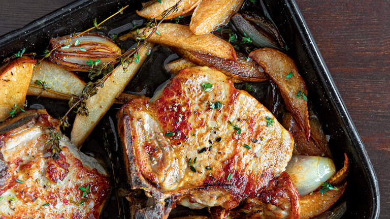 Make your pears savory in this delicious roasted pork chop recipe