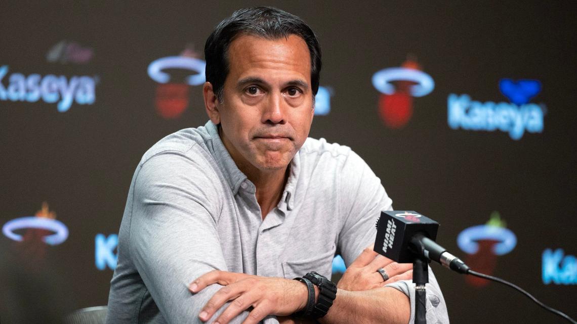 Miami Heat coach Erik Spoelstra speaks to reporters during end-of-season exit interviews at the Kaseya Center in Miami on Friday, May 3, 2024.