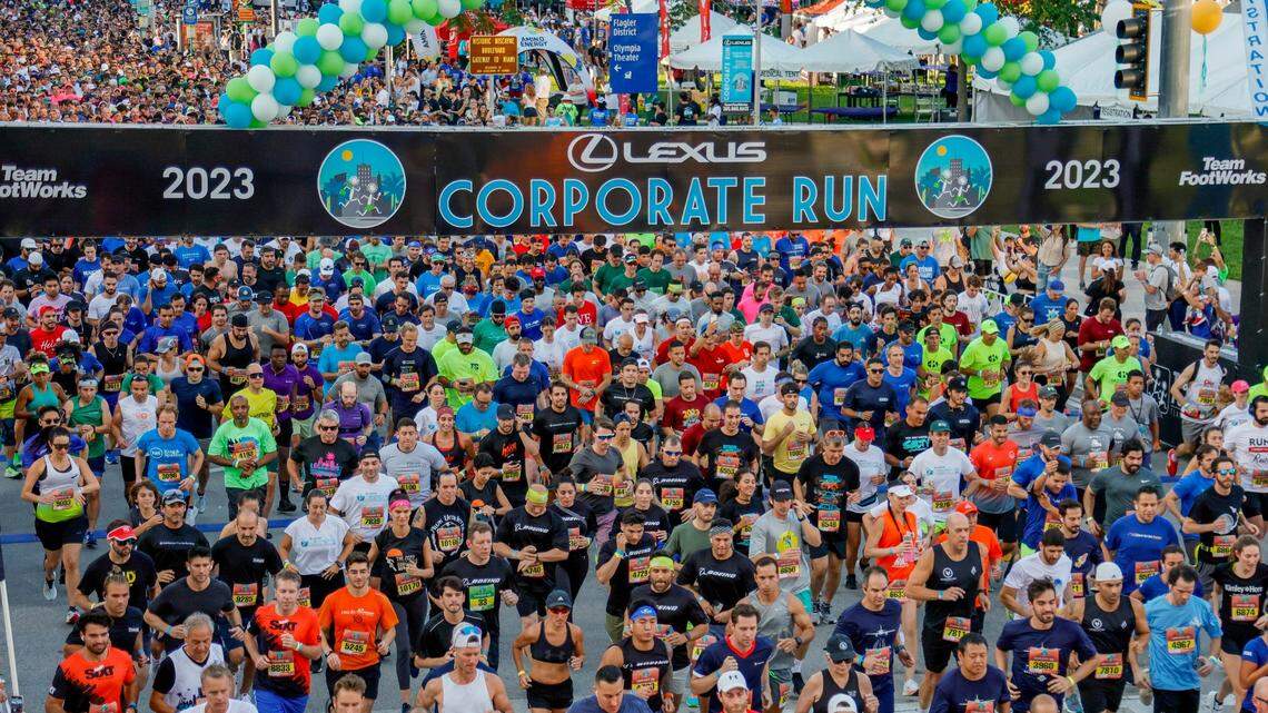 Over 14,000 runners participated in the Lexus Corporate Run in downtown Miami on Thursday, April 27, 2023. About 18,000 may take part from 700 companies in the 2024 Corporate Run Miami on Thursday, April 25, 2024.