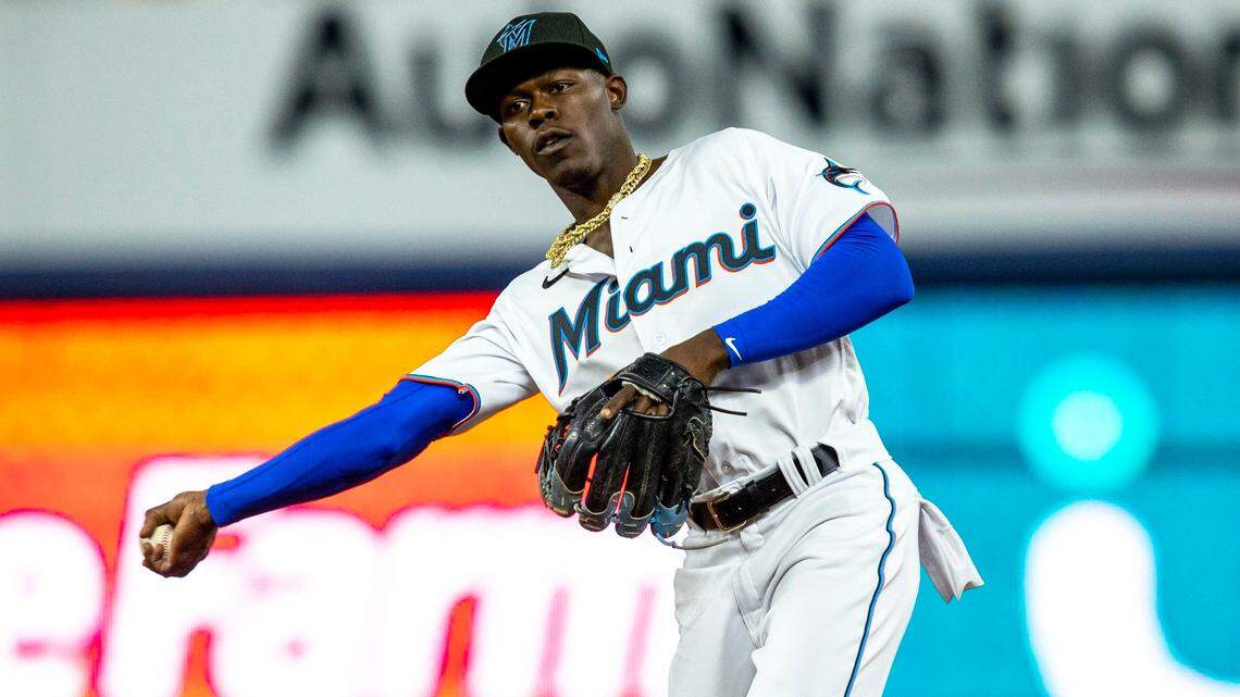 Miami Marlins second baseman Jazz Chisholm Jr. (2) throws the ball to first base during the fifth inning of an MLB game against the Washington Nationals at loanDepot park in the Little Havana neighborhood of Miami, Florida, on Wednesday, June 8, 2022.