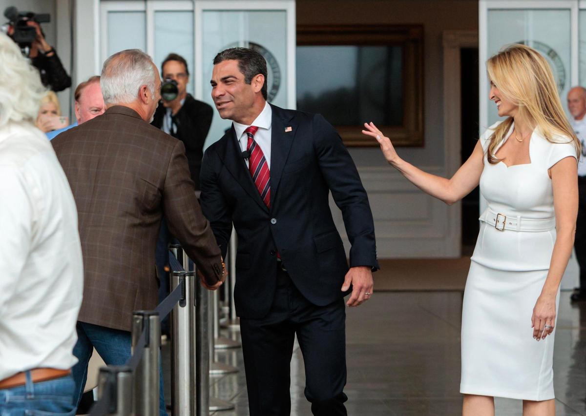 Miami Mayor Francis Suarez greets supporters with his wife Gloria before his first speech as a candidate for the 2024 Republican presidential nomination at the Ronald Reagan Presidential Library in Simi Valley, California, on Thursday, June 15, 2023.