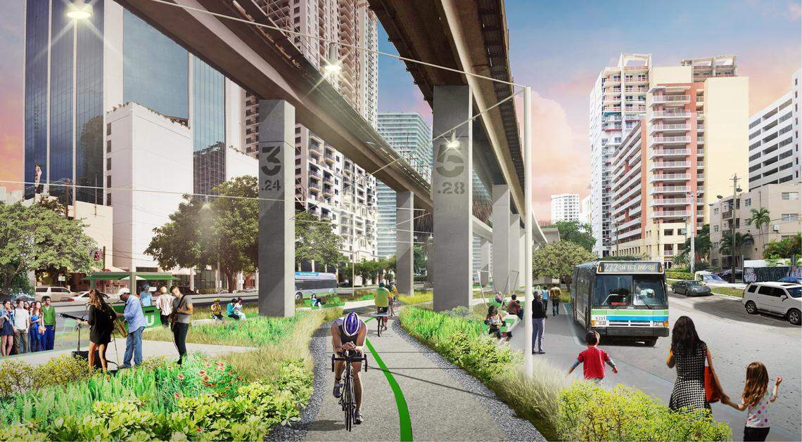 A rendering shows a portion of the Underline trail and park as it would run through Miami’s Brickell district beneath the elevated Metrorail tracks.
