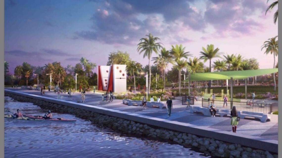 Pallot Park rendering with M sculpture and Baywalk.
