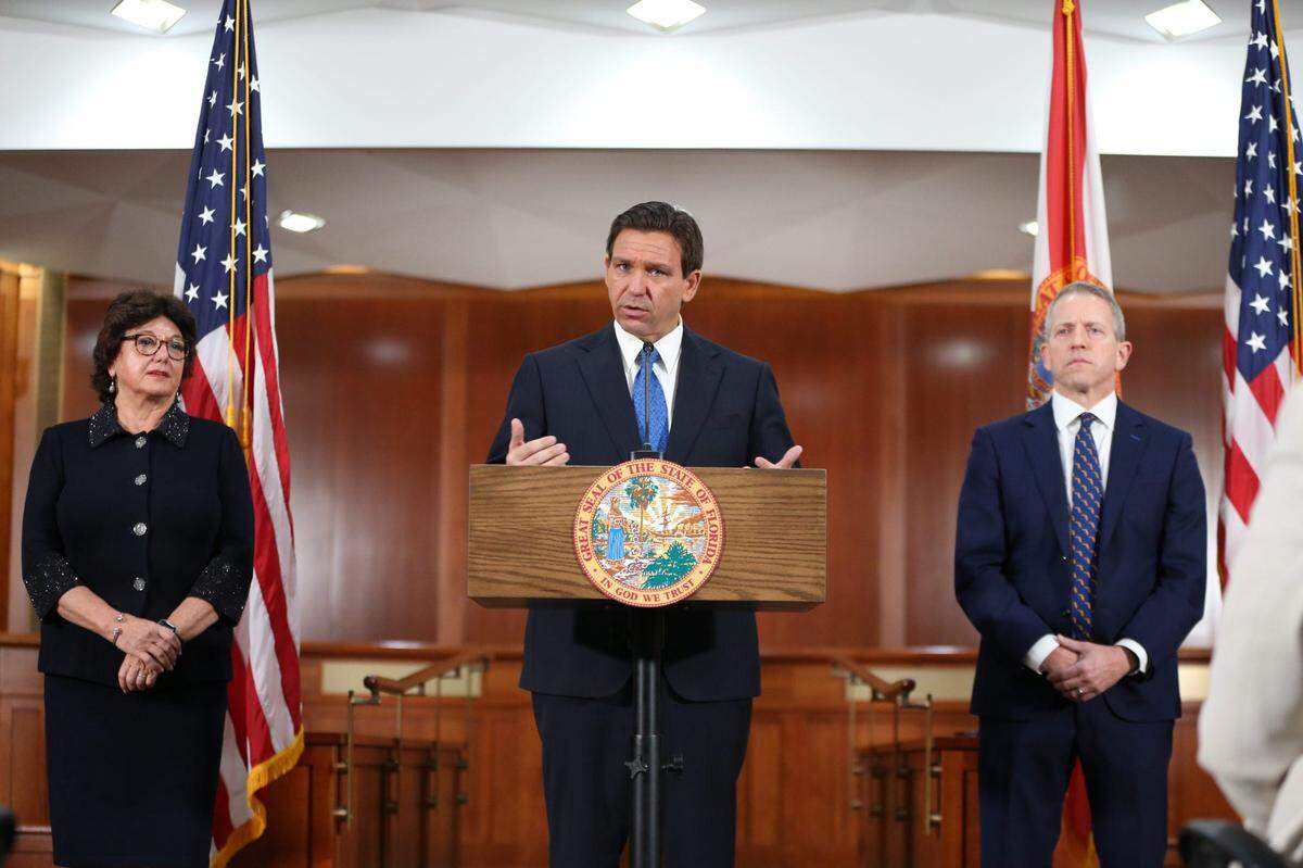 Gov. Ron DeSantis gives his assessment of the 2023 Florida legislative session, in the Cabinet room of the Capitol in Tallahassee on Friday, May 5, 2023.