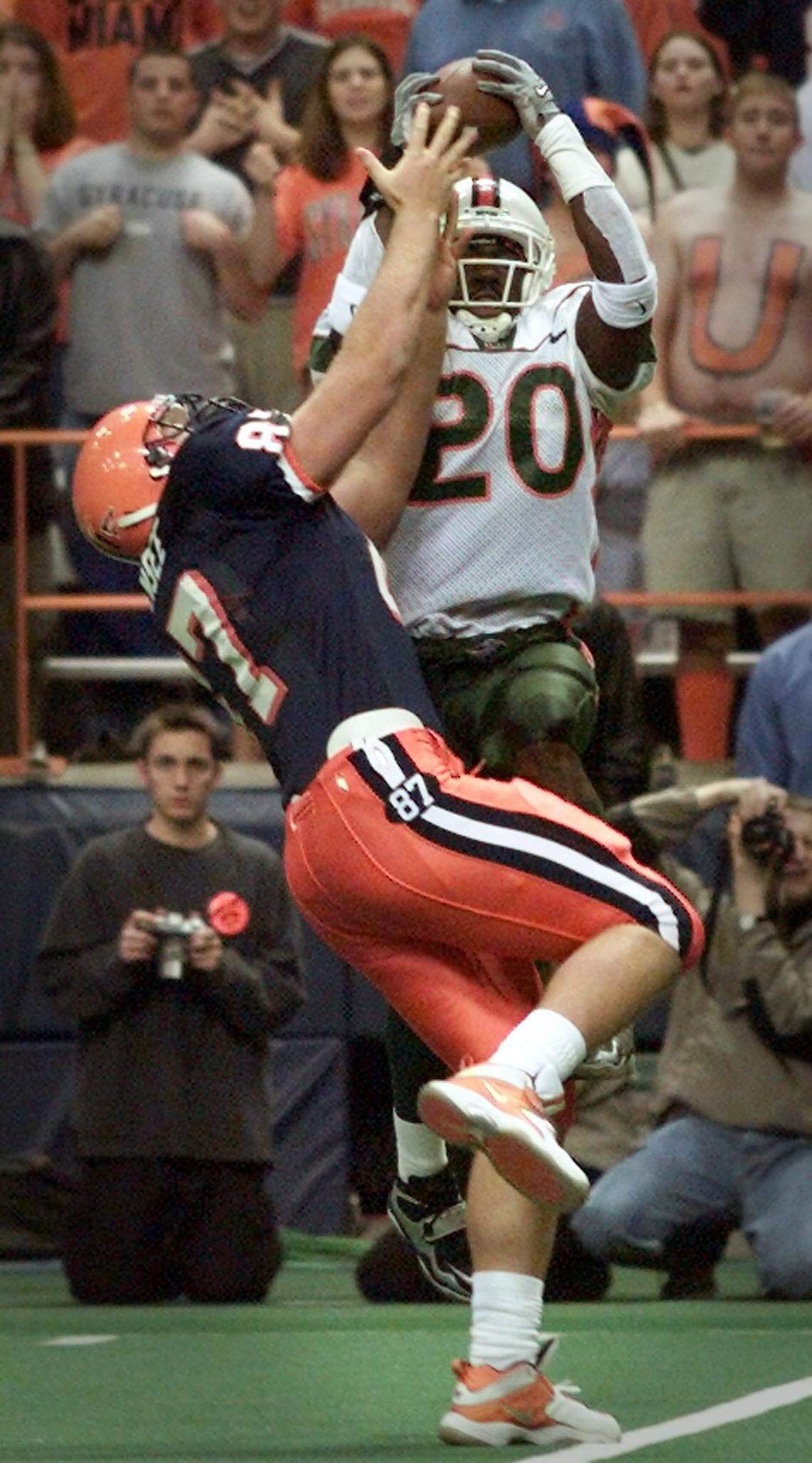 University of Miami vs Syracuse Orangemen in the Carrier Dome in Syracuse, NY. Ed Reed comes down with another interception as he takes this third quarter pass away from TE David Hohensee on Nov. 18, 2000.