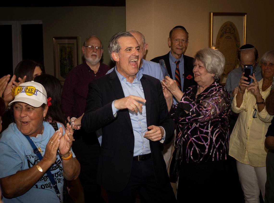 Steven Meiner gives a victory speech during a watch party at a friend’s home in Miami Beach after he was elected as the city’s next mayor on Tuesday, Nov. 21, 2023.