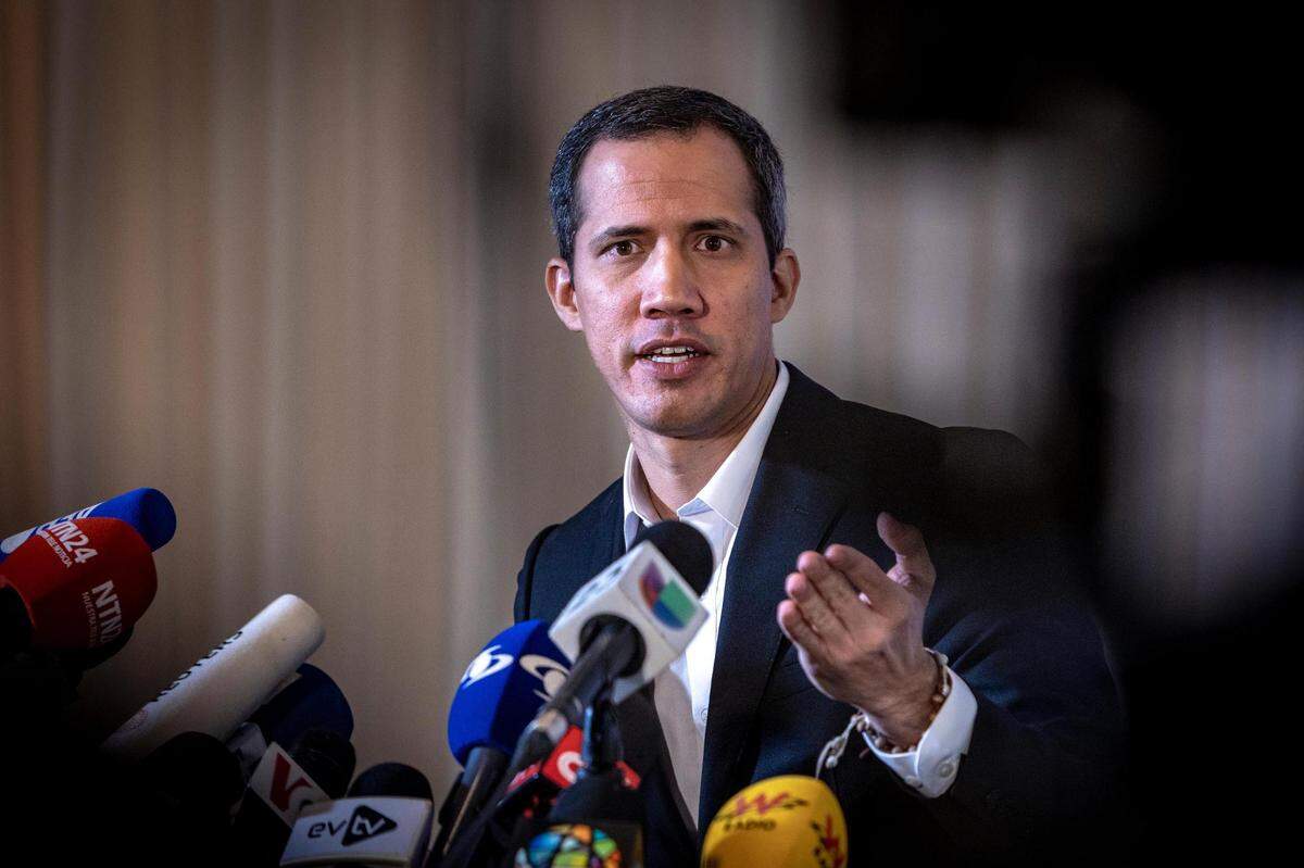 Venezuelan opposition leader Juan Guaidó speaks to reporters during a press conference at La Jolla Ballroom in Coral Gables on April 27, 2023. Guaidó arrived to Miami after the Colombian government deported him, saying he had entered the country illegally.
