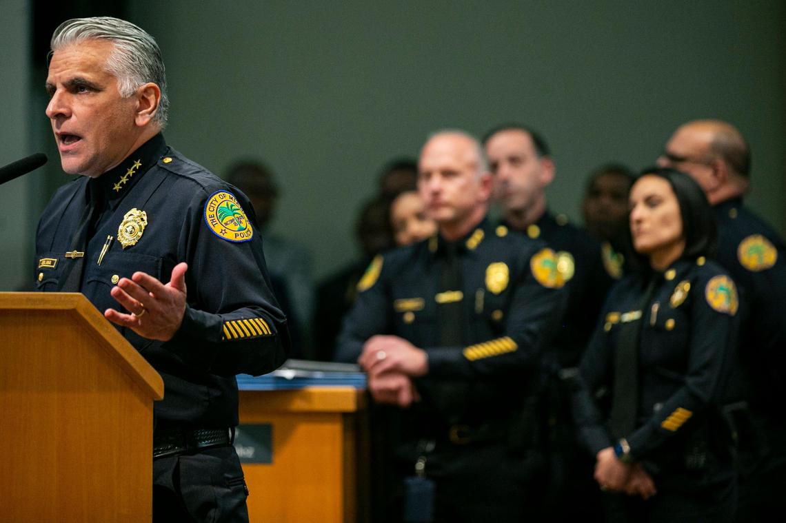 Miami Police Chief Jorge Colina, far left, attends a meeting at the Miami City Hall in Coconut Grove on Friday, January 17, 2020.