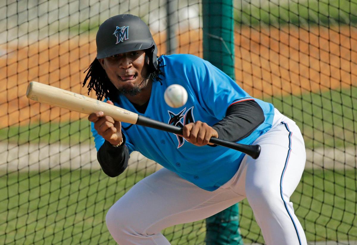 Miami Marlins pitcher Sixto Sanchez run drills during the spring training baseball workouts for pitchers and catchers at Roger Dean Stadium on Wednesday, February 12, 2020 in Jupiter, FL.