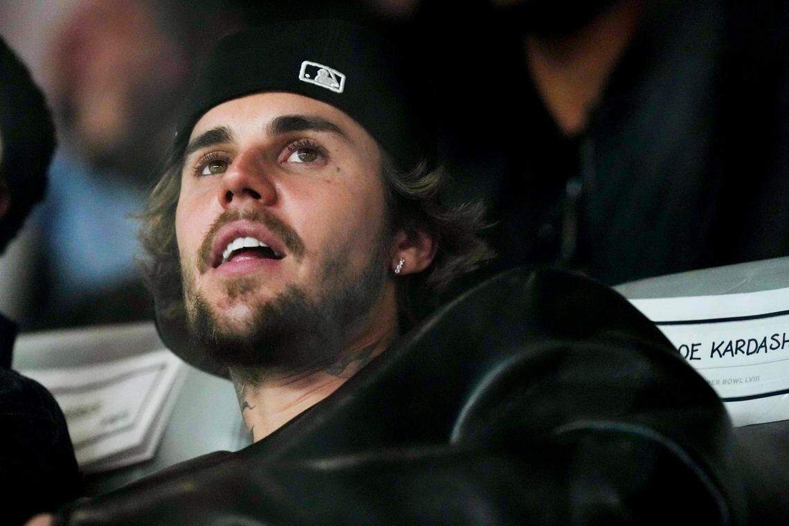 Feb 11, 2024; Paradise, Nevada, USA; Recording artist Justin Bieber watches play during the third quarter of Super Bowl LVIII between Kansas City Chiefs and San Francisco 49ers at Allegiant Stadium. Mandatory Credit: Joe Camporeale-USA TODAY Sports