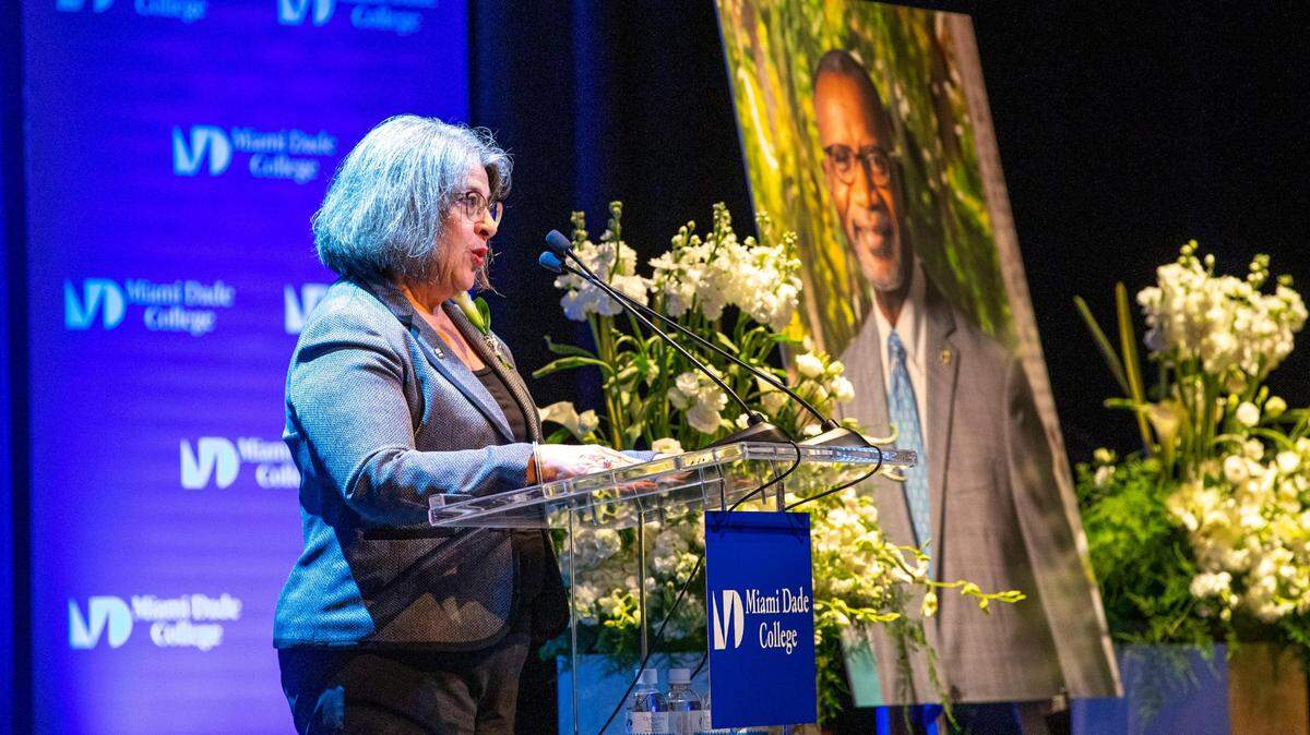 Daniella Levine Cava, mayor of Miami-Dade County, speaks to the audience during a memorial service for Michael A. Finney, president and CEO of the Miami-Dade Beacon Council, at Miami Dade College’s Wolfson Campus in downtown Miami, Florida, on Monday, April 25, 2022.