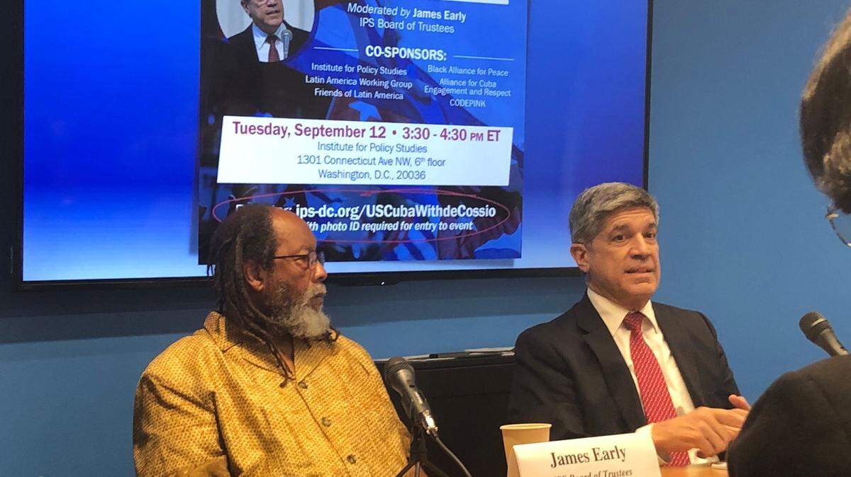 Cuba’s deputy foreign minister Carlos Fernández de Cossío (right) during a talk at the Institute for Policy Studies in Washington, DC, on September 12, 2023.