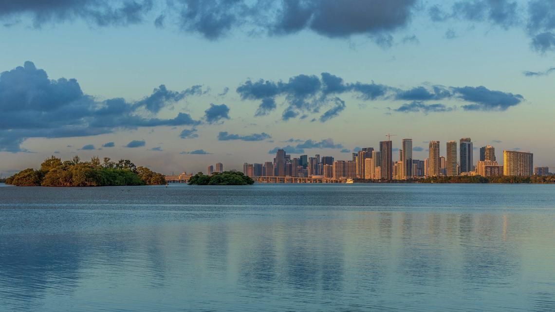 View of Miami skyline including Bird Key, a private island on Biscayne Bay that is now for sale, upsetting environmentalists because developers could build on the island, displacing all the birds, on Thursday, May 23, 2024.