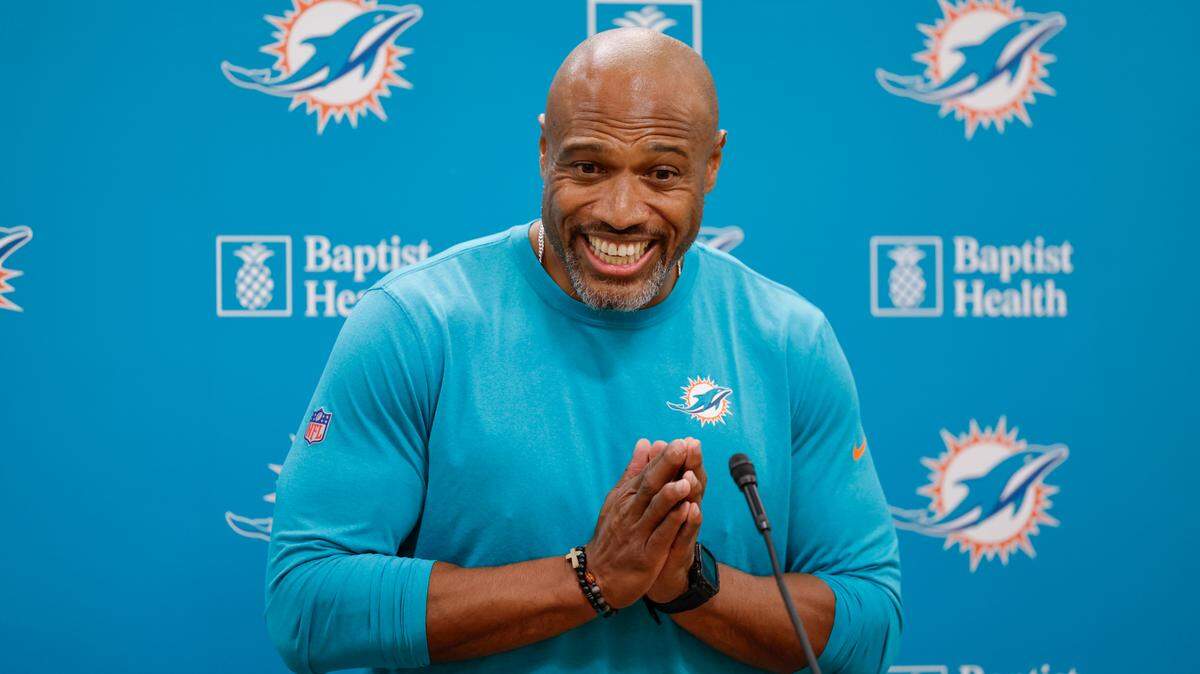 Miami Dolphins Defensive Coordinator Anthony Weaver speaks to reporters before practice at Baptist Health Training Complex in Miami Gardens, Florida, on Thursday, September 5, 2024.