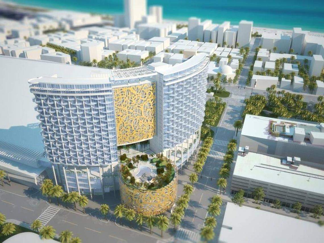A rendering of the Portman Holdings proposed convention center hotel, a 25-story, 800-room hotel that would have risen 288 feet behind the Filmore Miami Beach at Jackie Gleason Theater. The project failed to pass with voters in 2016.