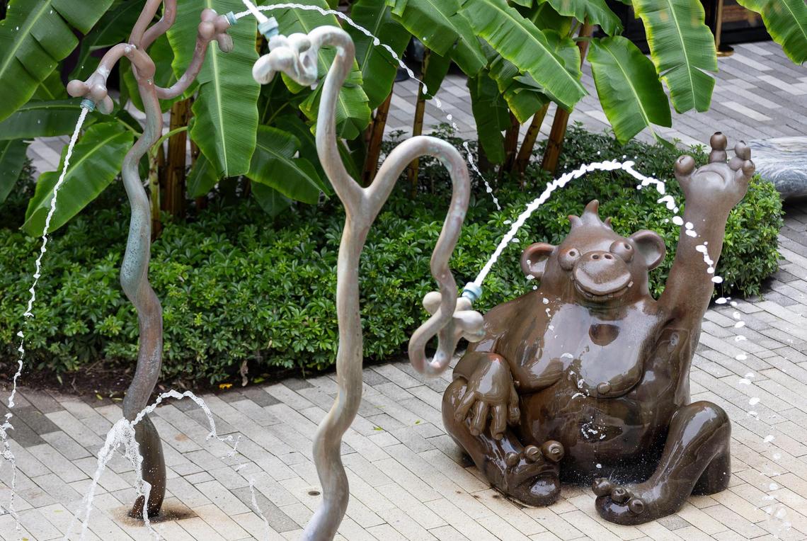 The outdoor splash fountain ‘Gorillas in the Mist’ by the Haas Brothers is one of the art installations welcoming visitors to Aventura Mall. The exhibit is seen here on Sept. 25, 2024, in Aventura, Fla.