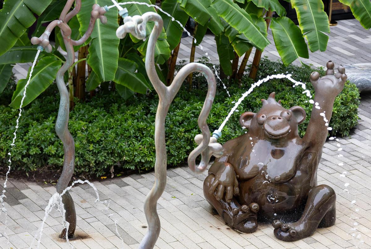 The outdoor splash fountain ‘Gorillas in the Mist’ by the Haas Brothers is one of the art installations welcoming visitors to Aventura Mall. The exhibit is seen here on Sept. 25, 2024, in Aventura, Fla.