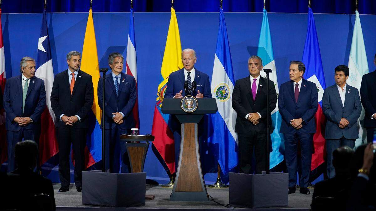 President Joe Biden, center, speaks during a meeting on migration at the Summit of the Americas, Friday, June 10, 2022, in Los Angeles. (AP Photo/Evan Vucci)