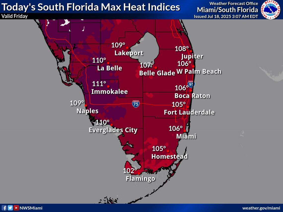 A heat advisory is in effect in South Florida, with temperatures reaching 105-111 degrees, according to the National Weather Service.