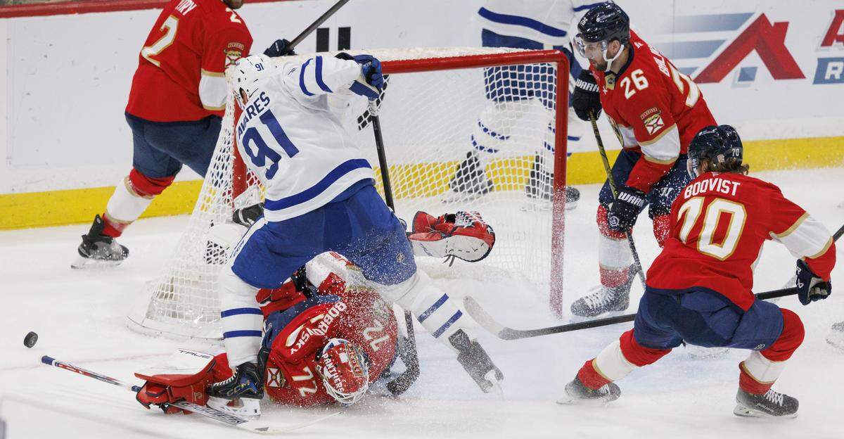 Florida Panthers goaltender Sergei Bobrovsky (72) blocks a shot on goal by Toronto Maple Leafs center John Tavares (91) during the second period of a game on Tuesday, Dec. 2, 2025, at Amerant Bank Arena in Sunrise, Fla. 