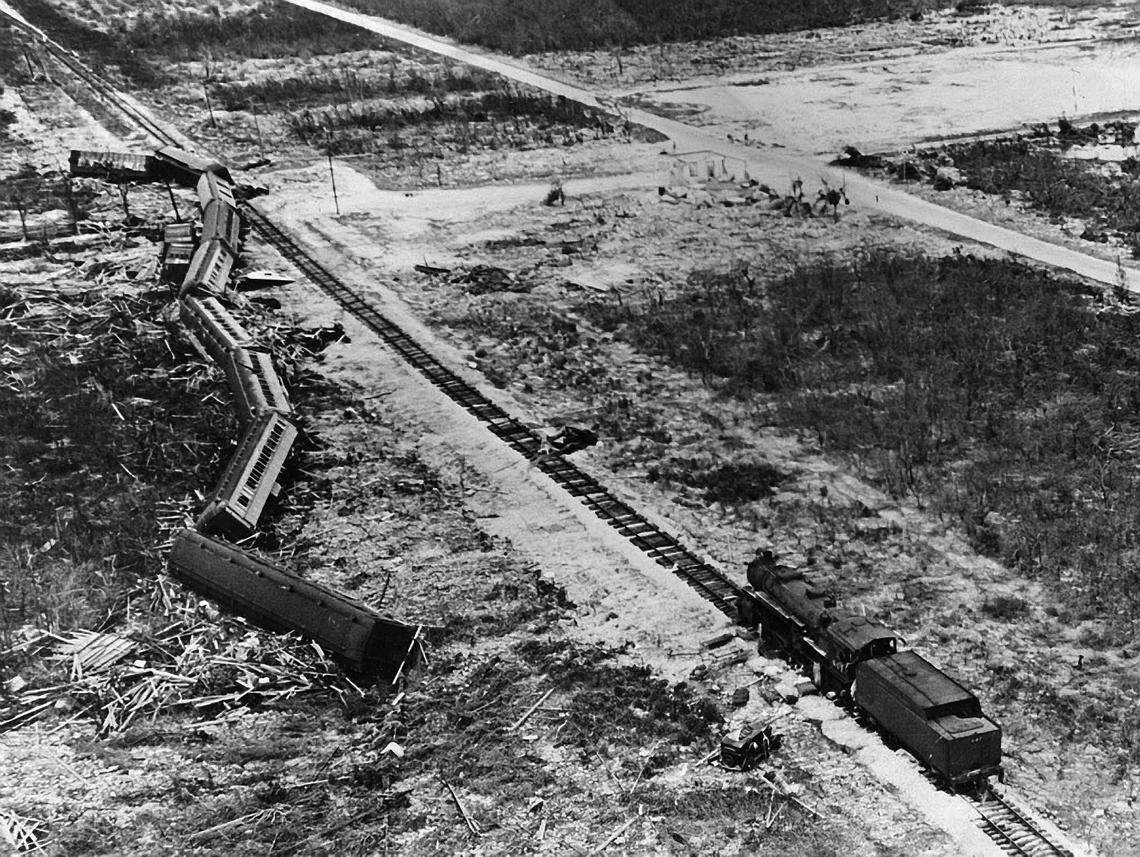 Cars from a relief train near Islamorada are pushed off the track following the Labor Day 1935 hurricane that ravaged portions of the Middle Keys. The Florida Keys Over-Sea Railroad, that Henry Flagler completed in 1912, was never rebuilt.