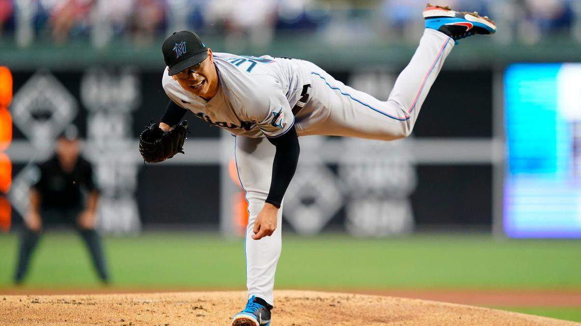 Miami Marlins’ Jesus Luzardo plays during a baseball game, Tuesday, Sept. 6, 2022, in Philadelphia. (AP Photo/Matt Slocum)