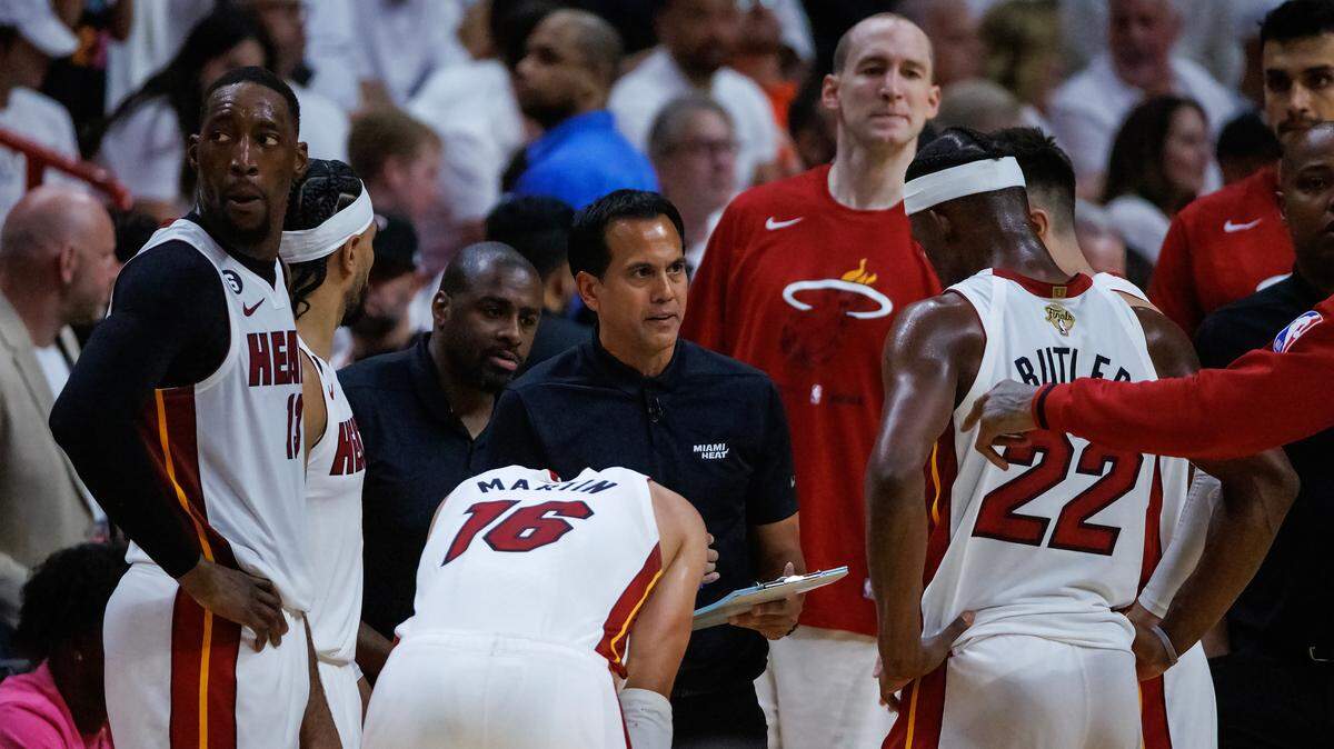 Miami Heat coach Erik Spoelstra instructs his players during a timeout in the middle of Game 3 of the NBA Finals between the Miami Heat and Denver Nuggets at Kaseya Center on June 7, 2023.