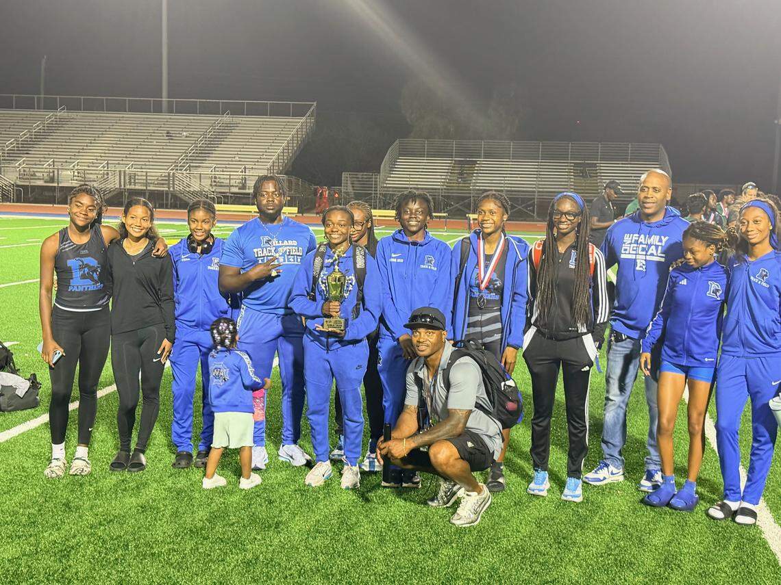 The Dillard girls’ track and field team celebrates its fifth consecutive BCAA championship on its home track on Friday night.