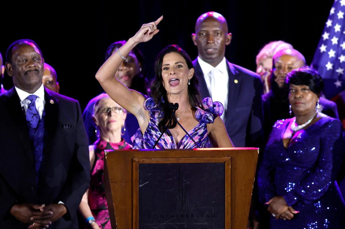 Brevard County School Board member Jennifer Jenkins speaks during the gala at the Florida Democratic Party’s annual Leadership Blue Weekend at the Fontainebleau Hotel in Miami Beach, Florida, on Saturday, July 8, 2023.