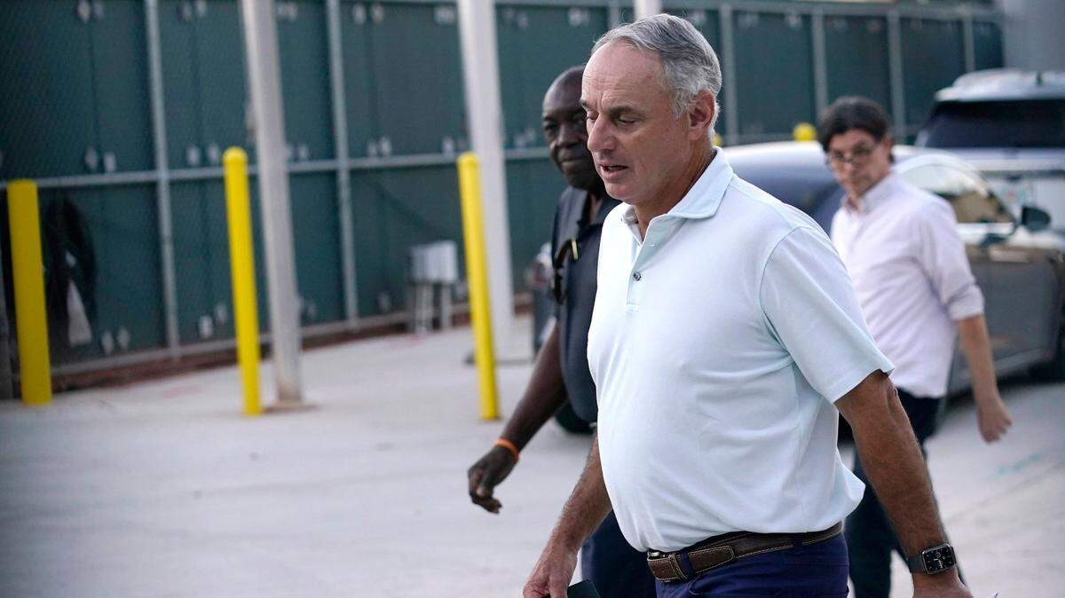 Baseball Commissioner Rob Manfred outside Roger Dean Stadium on Monday, Feb. 28, 2022, in Jupiter, Fla., after a labor negotiating session with baseball players. (AP Photo/Lynne Sladky)