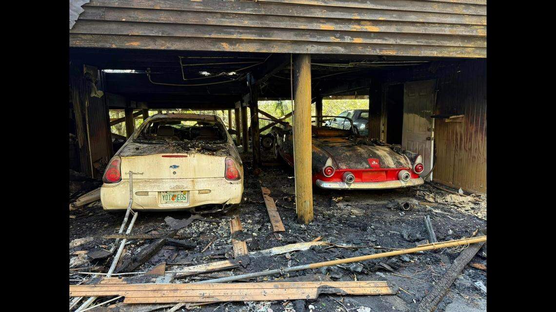 The Jan. 10 fire consumed cars in the home’s carport, including a red Thunderbird, photos show.