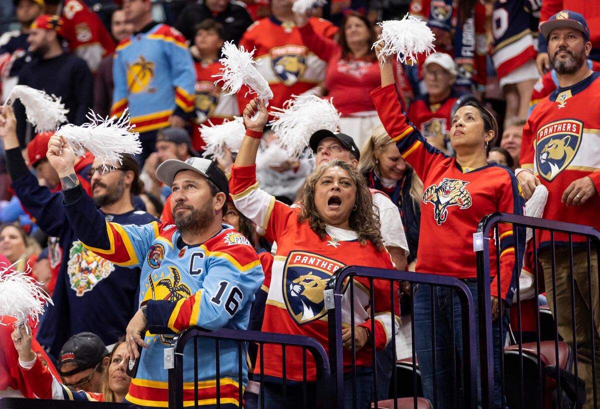 Florida Panthers fans cheer during the first period of their game against the Carolina Hurricanes in Game 3 of the NHL Stanley Cup Eastern Conference finals series at the FLA Live Arena on Monday, May 22, 2023 in Sunrise, Fla.