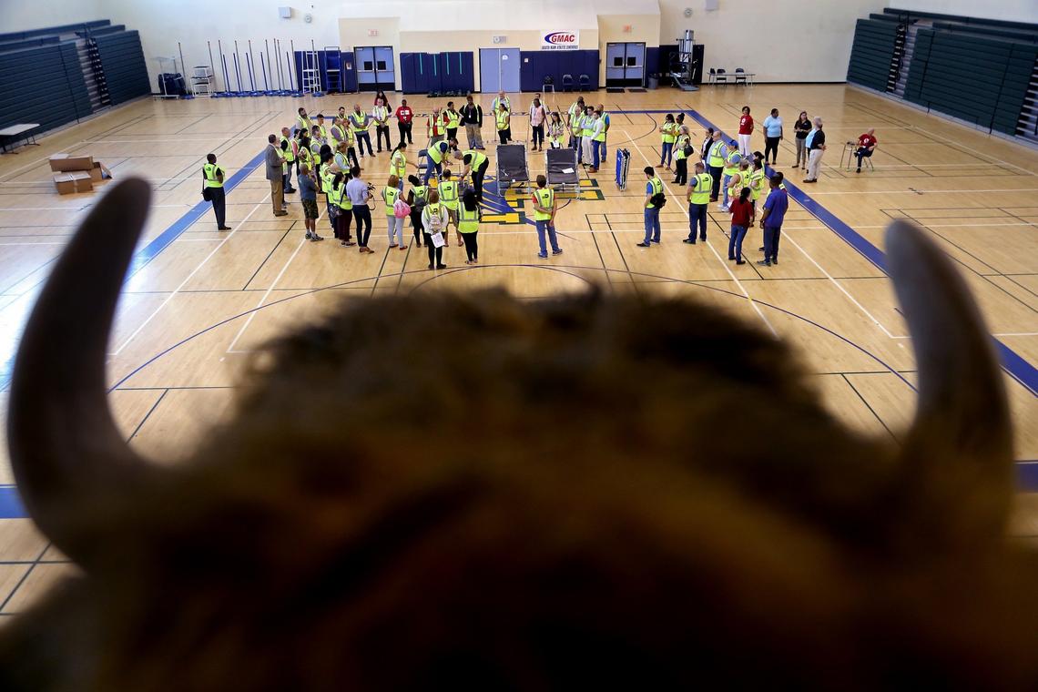 Over 60 Miami-Dade employees participated in Miami-Dade and the American Red Cross training exercises for hurricane preparation inside Ronald Reagan High School's gym in Doral, Florida, on Thursday, June 28, 2018.
