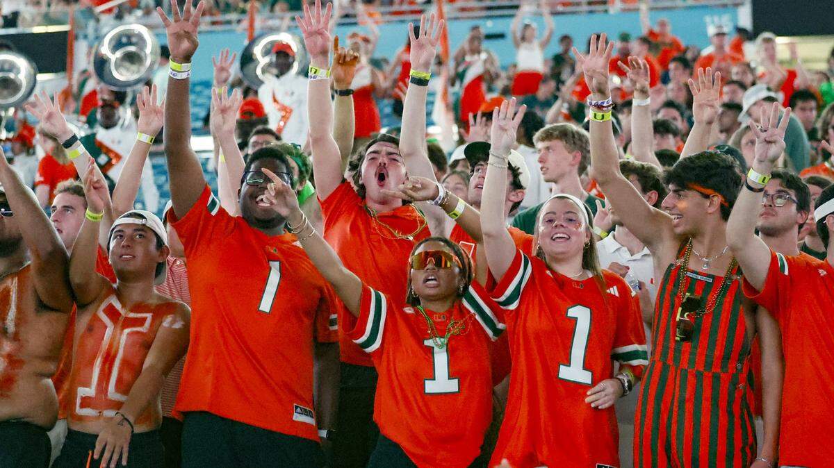 Miami Hurricanes fans show their support during the NCAA football game between the Miami Hurricanes and the South Florida Bulls at Hard Rock Stadium in Miami Gardens, Florida, on Saturday, September 13, 2025. 