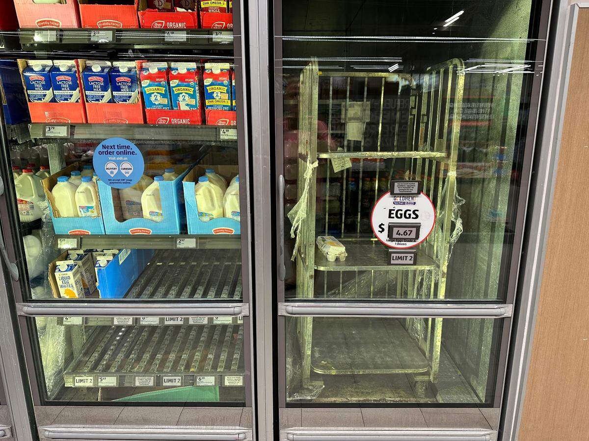 The eggs cooler was empty, save a lone package, at the Aldi in the Hammocks neighborhood on Feb. 4, 2025.
