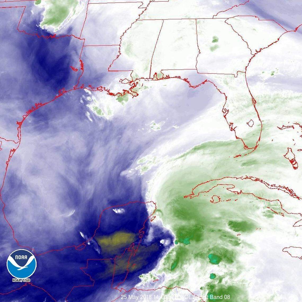 Forecasters say the wettest side of the storm will fall to the east, where this satellite image taken Friday shows water vapor concentrated. Source: National Hurricane Center