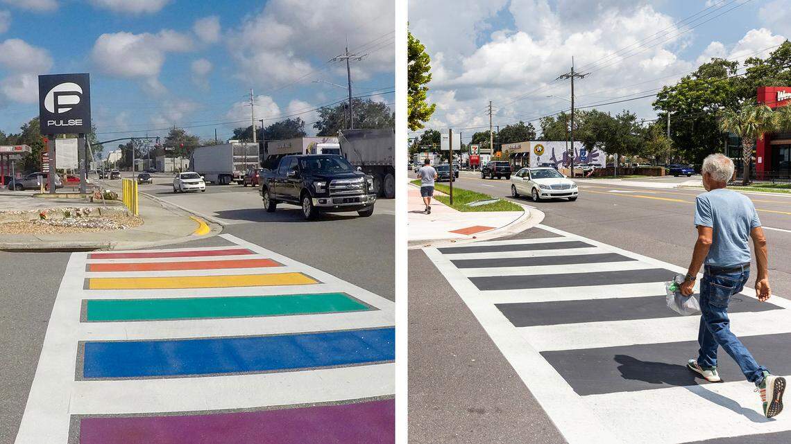 A rainbow crosswalk was removed overnight outside of Pulse nightclub in Orlando, one of the most significant LGBTQ sites in Florida, as part of state and federal transportation officials’ aim to wipe “political banners” from public roadways. On left, the crosswalk is shown in 2017. On right, the crosswalk is pictured on Thursday, Aug. 21. 2025. (Orlando Sentinel file photo/Willie J. Allen Jr./Orlando Sentinel/TNS)
