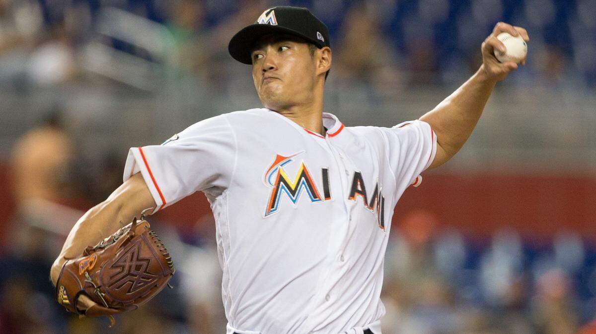 Miami Marlins starting pitcher Wei-Yin Chen (54) faces Arizona Diamondbacks during the second inning of tonight's game against Arizona Diamondbacks at Marlins Park in Miami, Wednesday, June 27, 2018.