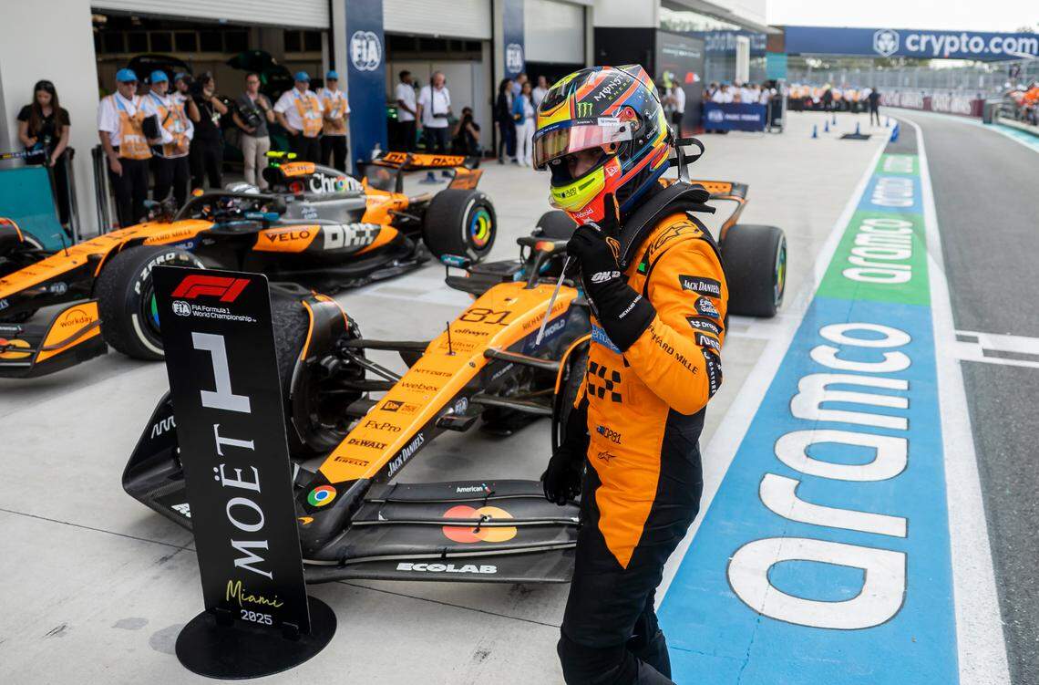 McLaren driver Oscar Piastri of Australia reacts after placing first in the Formula One Miami Grand Prix at the Miami International Autodrome on Sunday, May 4, 2025, in Miami Gardens, Fla.