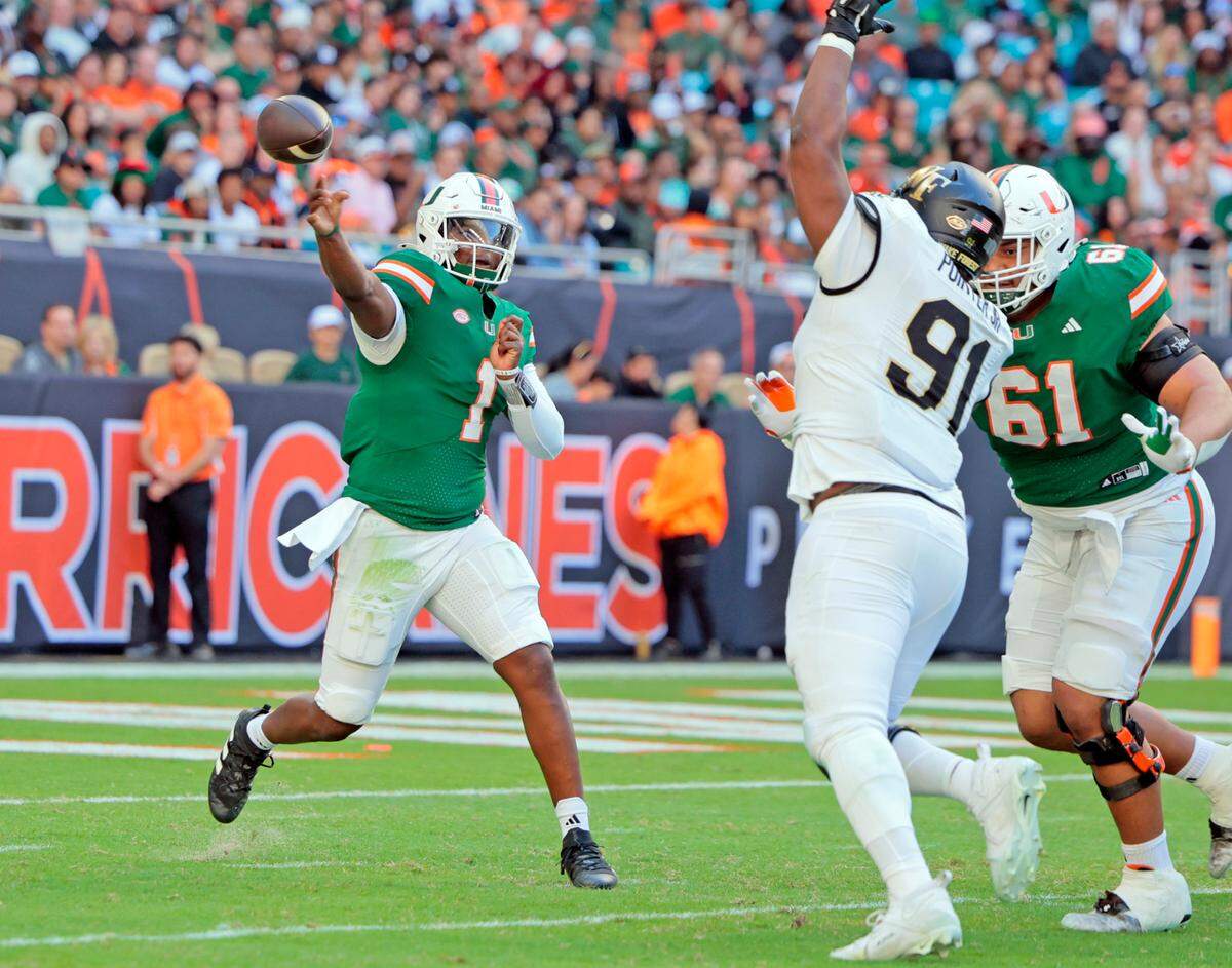 Miami Hurricanes quarterback Cam Ward (1) sets up to pass in the second half of their NCAA game in Miami Gardens, Florida, on Saturday, November 23, 2024.