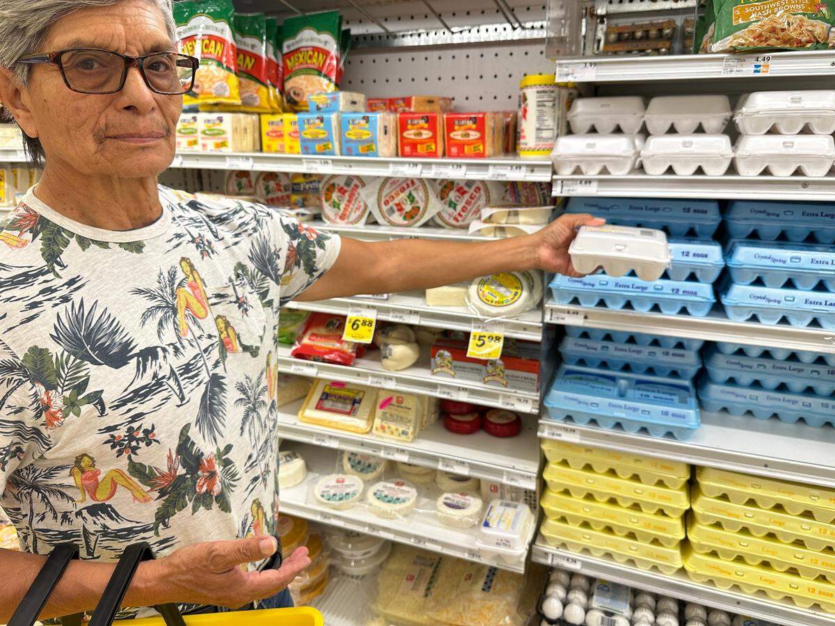 Fresco y Mas customer Jorge Torres finds eggs at the store on 7480 SW 117th Ave. in the Kendall area of Miami on Feb. 4, 2025. Torres said finding eggs can be more difficult and expensive because of the bird flu crisis.