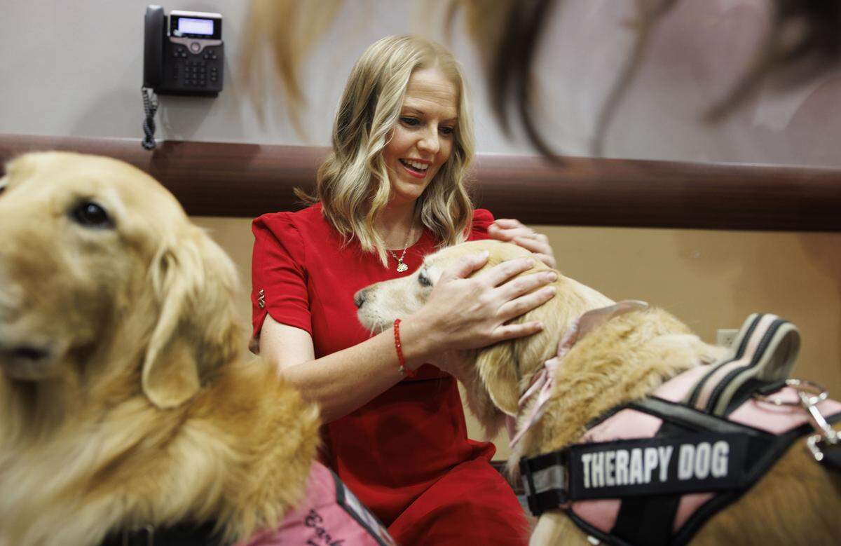 Priscilla Timmons, former ICU coma patient, is reunited with   therapy dog Scrunchie, right, and Honeycrisp, left, on Wednesday, Oct. 22, 2025, at Memorial Hospital West in Pembroke Pines, Fla. In March 2025, Timmons was in a coma after a pulmonary embolism that trigged three cardiac arrests. When Scrunchie, a therapy dog, walked to her ICU bedside she lifted her hand toward the dog while in a coma.  Despite being in a coma, Timmons recalls much of this encounter.  