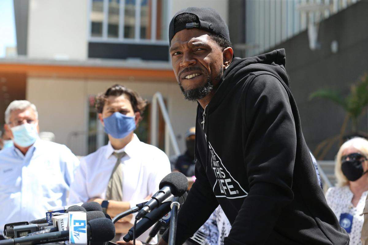 Miami Heat forward Udonis Haslem speaks during a press conference at the City of Miami Police College in downtown Miami, Sunday, May 30, 2020.