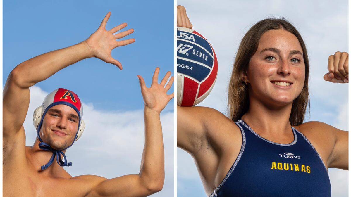 St. Thomas Aquinas’ Marcell Varhalmi (left) and Riley Andres (right) are the Miami Herald’s Broward Water Polo Players of the Year.