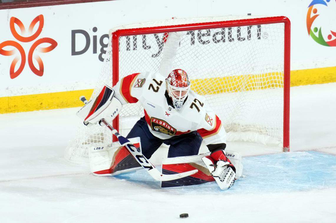 Jan 2, 2024; Tempe, Arizona, USA; Florida Panthers goaltender Sergei Bobrovsky (72) plays the puck against the Arizona Coyotes during the second period at Mullett Arena. Mandatory Credit: Joe Camporeale-USA TODAY Sports