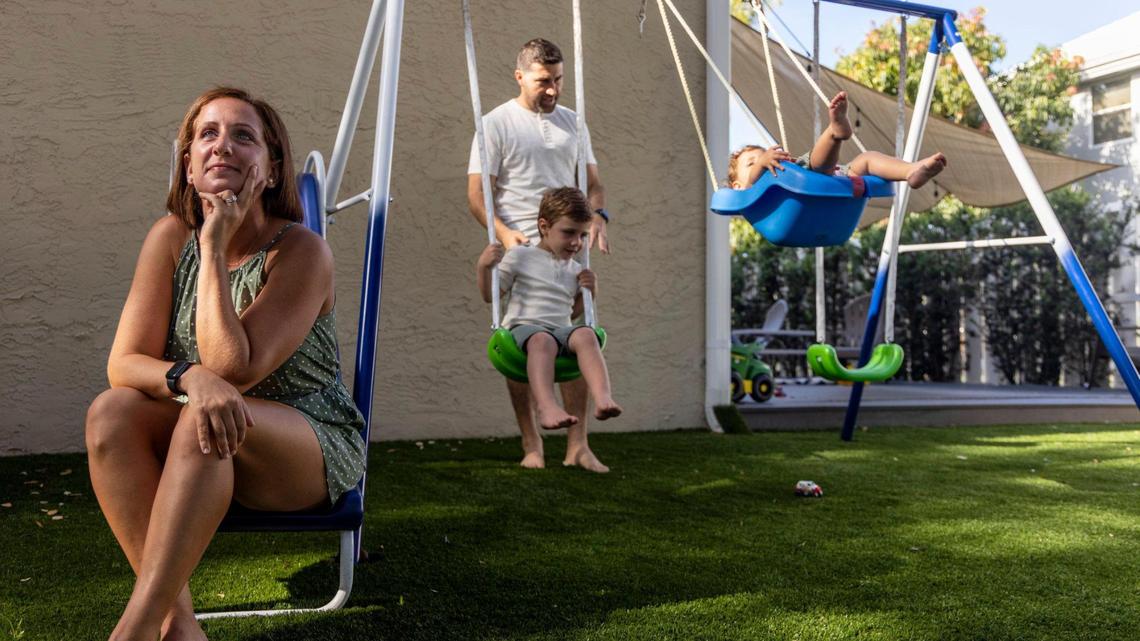 Tracey Hecht enjoys her family Sunday playtime in the backyard of her Cooper City home on May 2, 2021. She is a fitness trainer and is back to coaching and running and wants to help other cancer patients stay active.