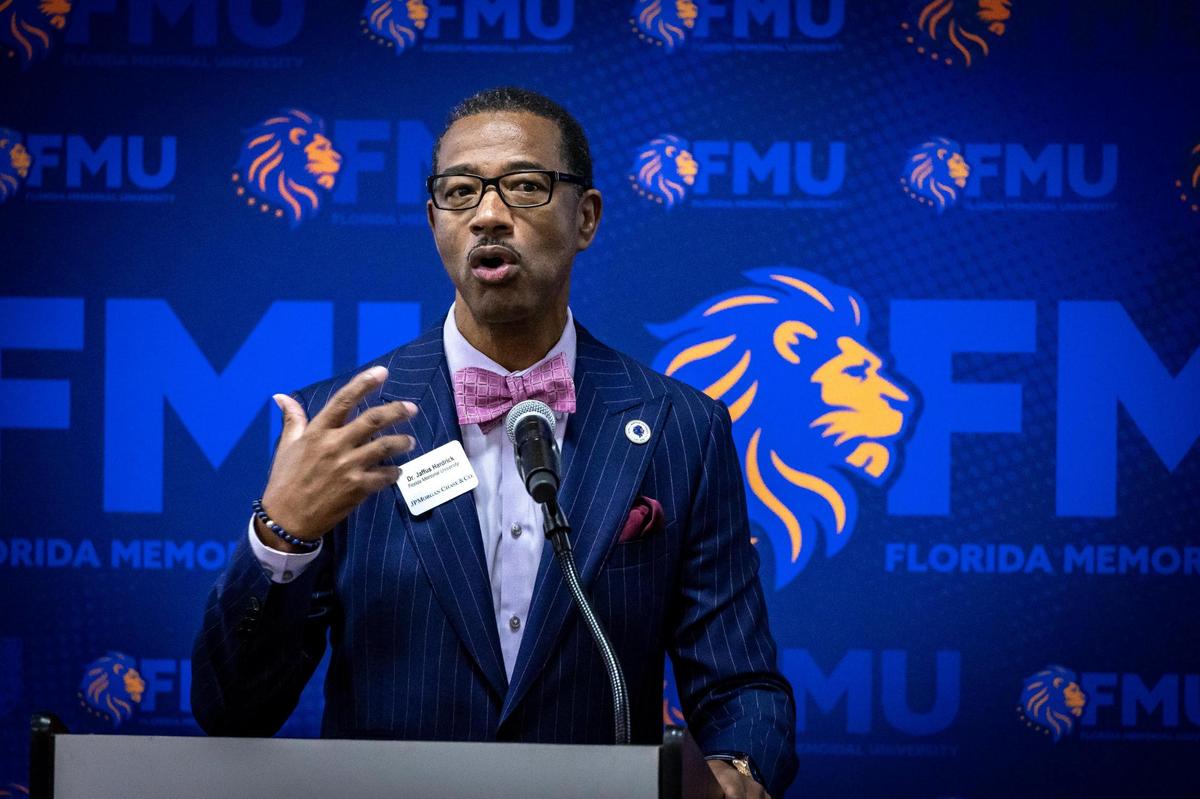 Dr. Jaffus Hardrick, President of Florida Memorial University, speaks to guests during a small ceremony where it was announced that JPMorgan Chase was donating $1 million to Florida Memorial University.