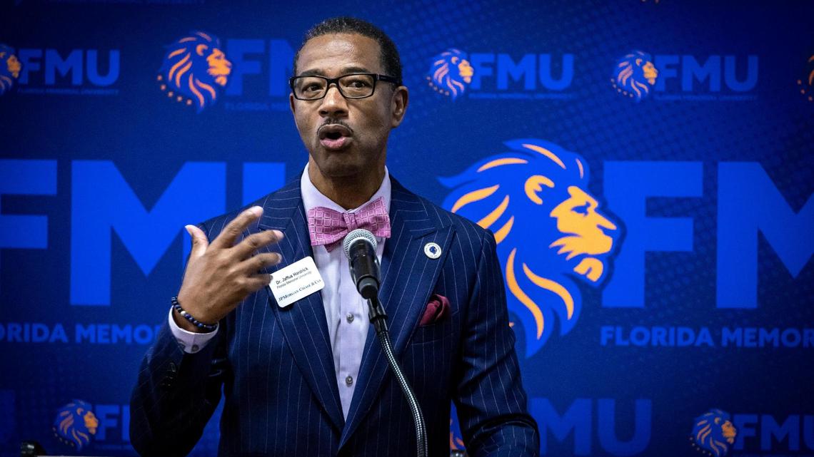 Miami, Florida, February 8, 2024- Dr. Jaffus Hardrick, President of Florida Memorial University speaks to guests during a small ceremony where it was announced that JPMorgan Chase was donating $1 million to Florida Memorial University. Florida Memorial University, the only Historically Black College and University (HBCU) in South Florida, announced it received a $1 million commitment from JPMorgan Chase to support traditionally under-resourced students pursue careers in the technology sector. The university will expand Computer Science and STEM programs, modernize classrooms, implement state-of-the-art computers, enhance faculty recruitment and training, and pair students with industry professionals to provide hands-on technology experience.