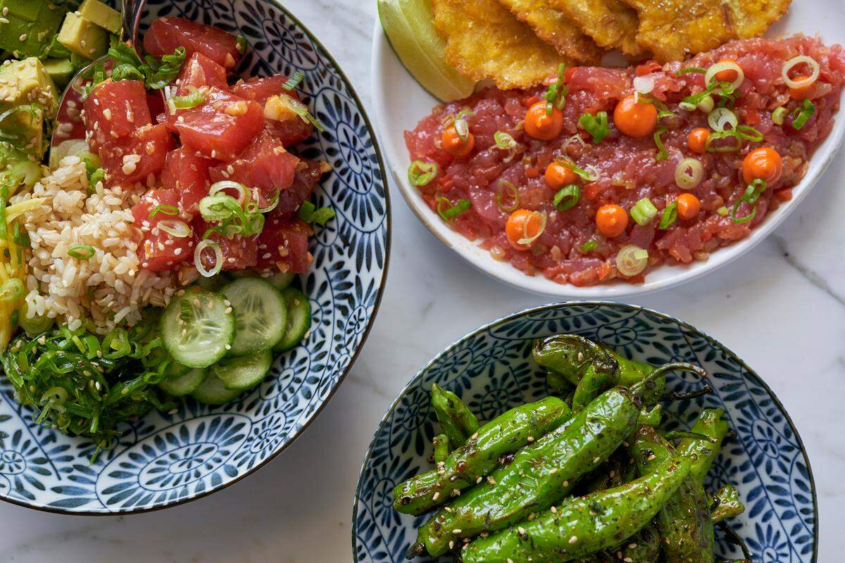 Among the tropically inspired dishes at Niven Patel’s new Mamey restaurant: left to right, Ahi tuna poké, Yellowfin tuna tostones, shishito peppers
