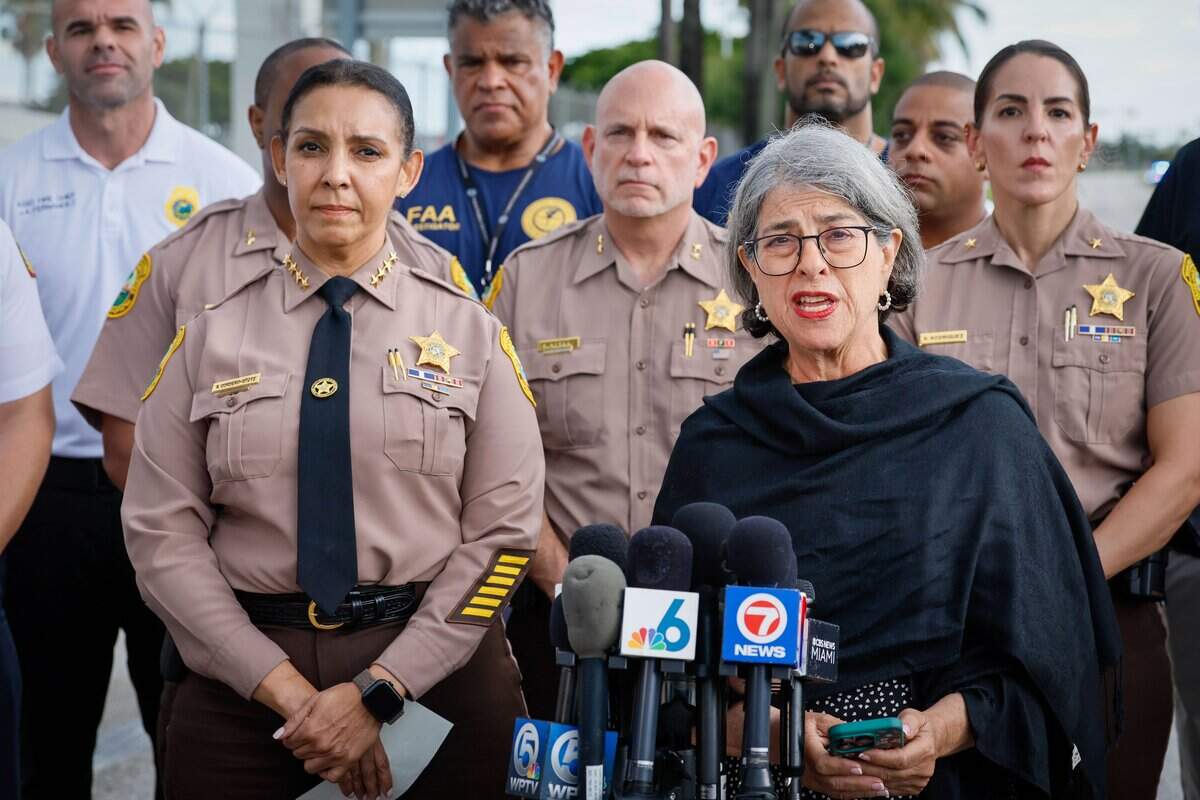 Miami-Dade County Mayor Daniella Levine Cava speaks to reporters at a press conference regarding the multiple fatalities caused by an Amazon Prime Air Boeing 767 crash off the runway west of Miami International Airport on Sunday, Sept. 6, 2026.